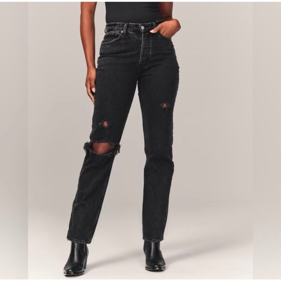 Abercrombie & Fitch The Dad High Rise Distressed Black Jeans Women's 30 Short - Picture 1 of 11